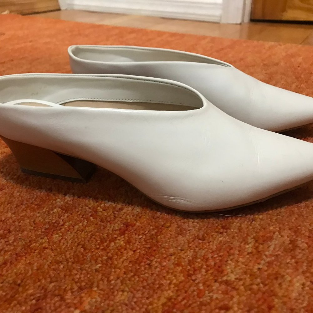 Zara White Leather Mules with architectural heel!